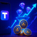 Truth Social’s app icon sits beside a stream of glowing “gems” converting into blue-gold Cronos (CRO) coins as neon charts surge in a well-lit futuristic backdrop.