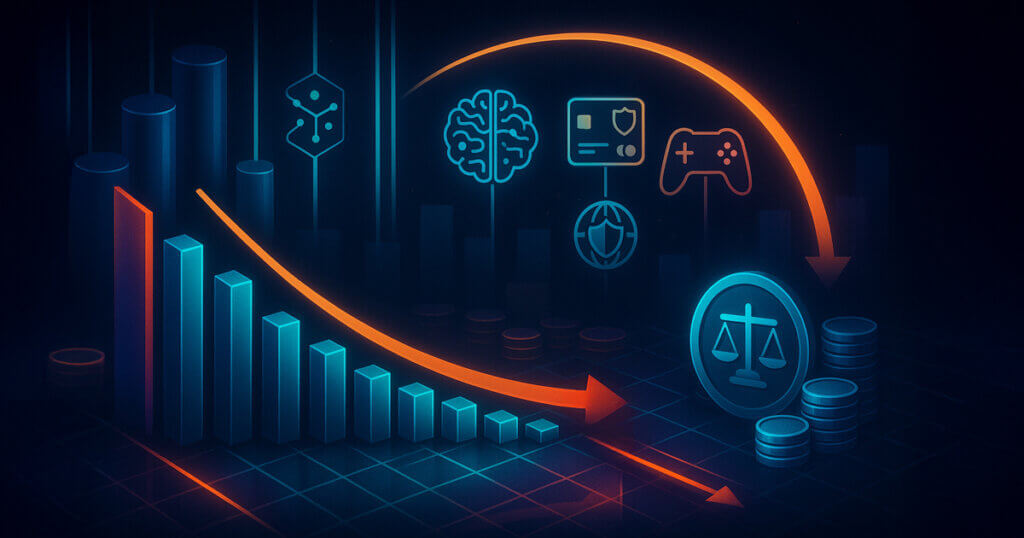 A neon financial tableau shows a sharp monthly downturn alongside a rising quarterly arc, with capital streams feeding DeFi, AI, payments, gaming, cybersecurity, and stablecoin infrastructure icons