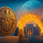 Federal Reserve seal—accurate eagle, striped shield, and laurel wreath—dominates the bright 16:9 scene as glowing token coins arc from the Fed building toward institutional columns under a connected globe.