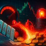 a red siren, cascading warning dominoes, and coins swept by a fiery wave beneath plunging candlesticks to depict nearly $1B in liquidations.