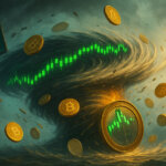 A horizontal tornado of charts, Bitcoin coins, and tweets spins in place under stormy skies - Cover art/illustration via CryptoSlate.