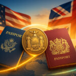 Cinematic close-up of US and UK passports bridged by a glowing arc with a bronze NYDFS medallion between fluttering flags and faint NYC–London skylines.