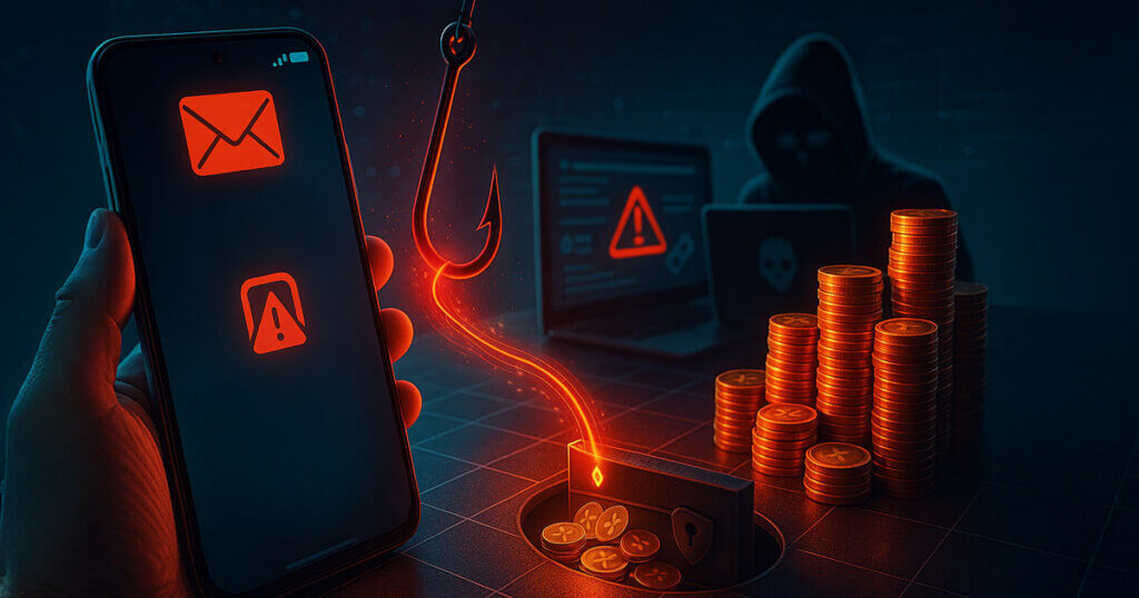A glowing red fishhook latches onto a phone’s wallet icon as stacks of coins drain into a hacker’s dark vault, symbolizing multimillion-dollar losses to phishing scams