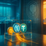 A bright, cinematic 16:9 scene shows a modern derivatives floor where glowing USDC and USDT coins flow into a transparent collateral vault linked to circuitry, with a glass wall subtly bearing the CFTC seal and warm amber light contrasting cool teal and blue tones to convey institutional confidence.