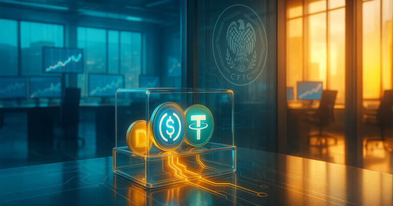 A bright, cinematic 16:9 scene shows a modern derivatives floor where glowing USDC and USDT coins flow into a transparent collateral vault linked to circuitry, with a glass wall subtly bearing the CFTC seal and warm amber light contrasting cool teal and blue tones to convey institutional confidence.
