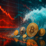 A bright, cinematic wave surges across a trading desk, sweeping Bitcoin, Ethereum, Solana, XRP, and Cardano coins as glowing red charts blur behind.