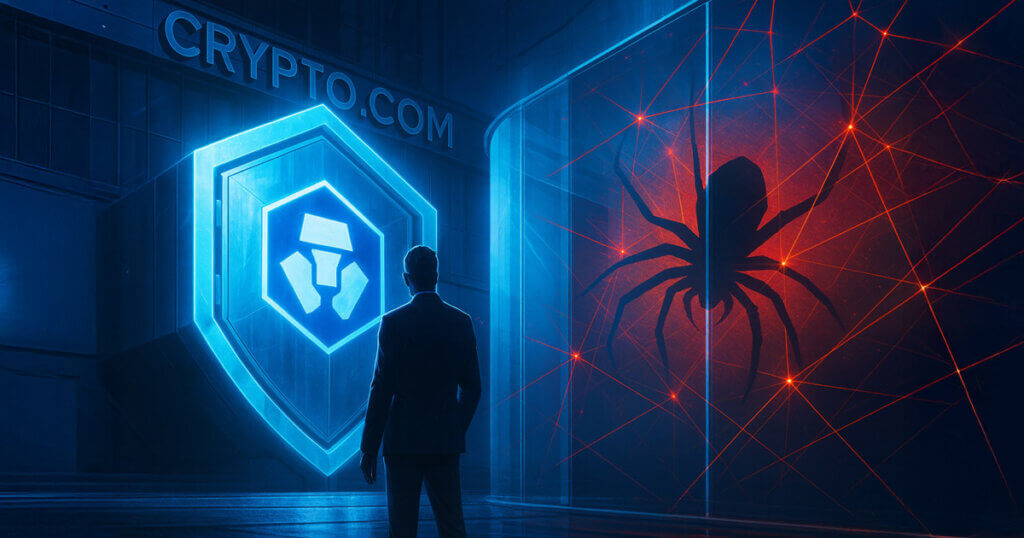 A glowing Crypto.com shield blocks a red webbed spider silhouette behind glass as a suited figure inspects the fortified entrance of a futuristic exchange headquarters