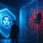A glowing Crypto.com shield blocks a red webbed spider silhouette behind glass as a suited figure inspects the fortified entrance of a futuristic exchange headquarters