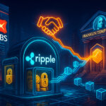 Ripple’s glowing vault links to DBS and Franklin Templeton landmarks via neon rails of tokenized loan blocks, evoking a partnership for on-chain lending.
