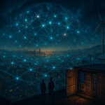 A moody twilight cityscape shows a glowing global mesh of connections arcing over rooftops with microgrids, wind turbines, and a container data center, capturing tense anticipation about decentralized infrastructure powering the world.