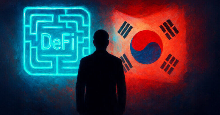 A silhouetted nominee figure faces a glowing DeFi maze alongside the South Korean flag, symbolizing political disorientation in the tech landscape - Cover art/illustration via CryptoSlate