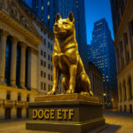 A bronze Shiba Inu statue labeled “DOGE ETF” stands prominently in Wall Street plaza with no crowds present - Cover art/illustration via CryptoSlate.