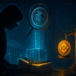 A silhouetted senator scrutinizes chained settlement documents as a magnified justice seal and Binance coin tip golden scales inside a cyber-lit Capitol hearing room