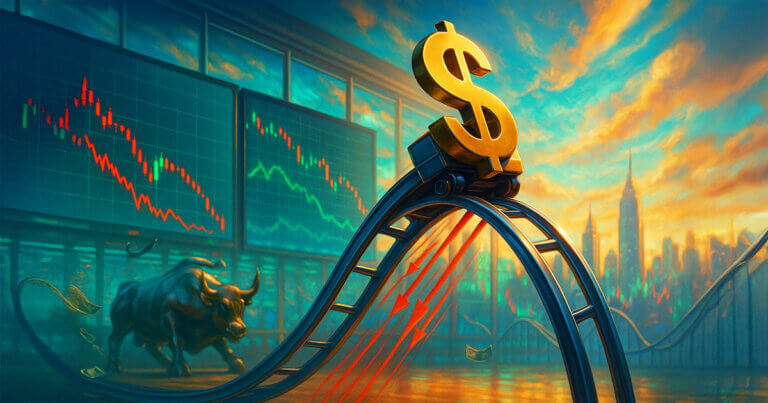 A gleaming dollar-sign rollercoaster car crests a bright track as red arrows and falling candlesticks pull it into a dramatic drop, with a sunlit city skyline and the Wall Street bull hinting that markets are bracing for a wild, high-volatility ride.