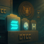 Three glowing folders marked with Solana, XRP, and HBAR logos sit in a DTCC drawer under an SEC seal, signaling pre-launch listings without approval