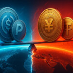 A bright, cinematic 16:9 scene shows a glowing Earth split by a luminous fault line with cool blue Western skylines and USDC/PayPal tokens balanced against warm red-gold Eastern skylines with Tether and a yuan-emblem coin on a metallic seesaw.