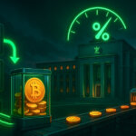 Neon ETF pipes pour into a Bitcoin vault while a thin mining conveyor trickles new coins beneath a glowing Fed rate gauge, symbolizing demand overwhelming limited issuance if cuts arrive