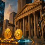 SEC-style courthouse flanked by a glass ETF tower and a glowing blockchain rail carrying Tesla and Nvidia token-coins, conveying that traditional ETFs remain dominant amid looming tokenized stock rules.