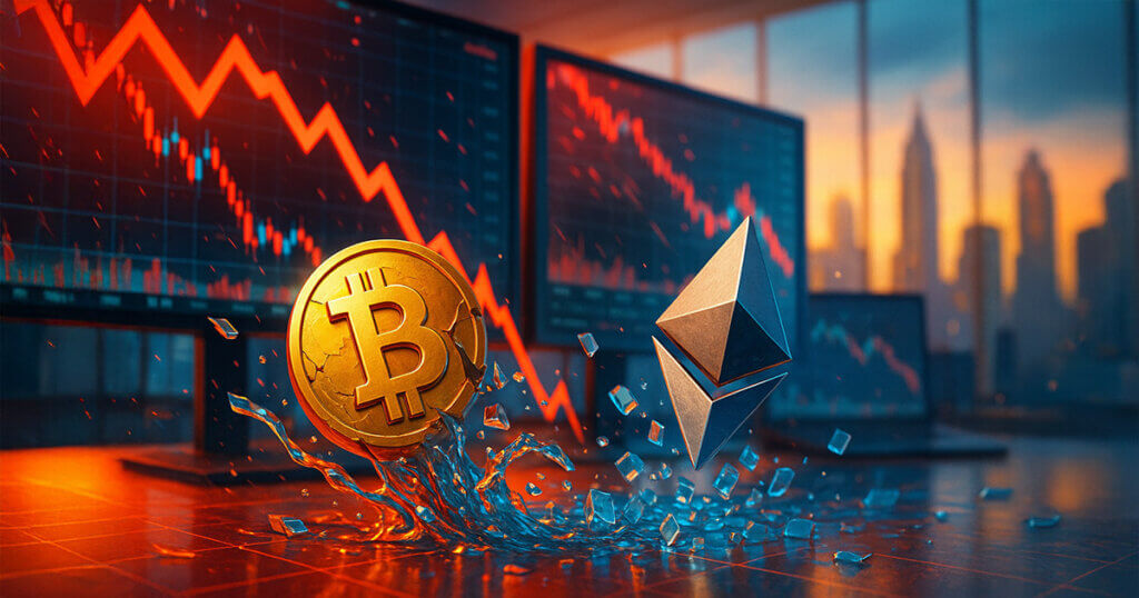 A bright, cinematic scene shows Bitcoin and Ethereum logos tumbling amid plunging red charts and glass-like shards, evoking a record $1.7B crypto liquidation.