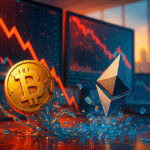 A bright, cinematic scene shows Bitcoin and Ethereum logos tumbling amid plunging red charts and glass-like shards, evoking a record $1.7B crypto liquidation.
