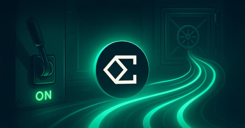 A neon-teal control room shows a giant Ethena logo as a lever flips on and checkmarks light up, sending glowing fee streams into a secure vault.