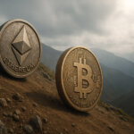 Bitcoin and Ethereum coins are depicted rolling downhill, symbolizing ETF outflows of nearly $400 million - Cover art/illustration via CryptoSlate.