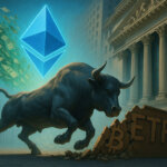 Ethereum ETF bull charges through a broken Bitcoin ETF gate with capital flowing behind it outside the NYSE - Cover art/illustration via CryptoSlate.