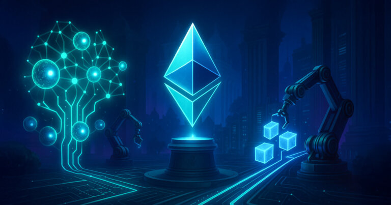 A glowing Ethereum crystal anchors a futuristic hall where a neural network of AI orbs and robotic arms route data blocks onto on-chain rails, symbolizing dAI integration.