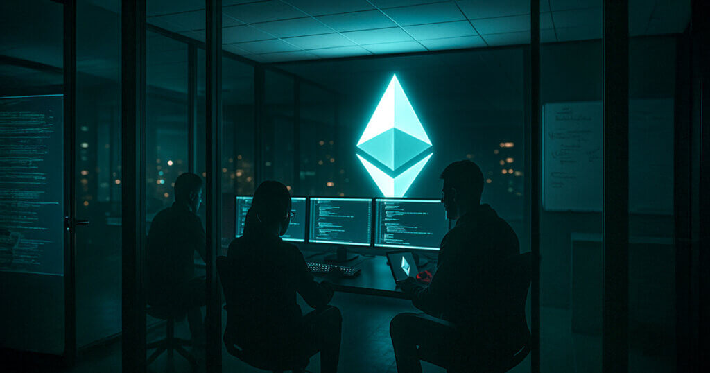 Silhouetted Ethereum developers work late in an office with the glowing Ethereum logo projected on a glass wall - Cover art/illustration via CryptoSlate.