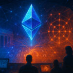Developers in a futuristic control room monitor a crystalline Ethereum logo as a glowing network lattice locks into alignment for the Fusaka mainnet upgrade