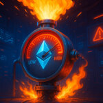 An Ethereum gas meter bursts with flames inside a blockchain control room, symbolizing rising transaction pressure - Cover art/illustration via CryptoSlate.