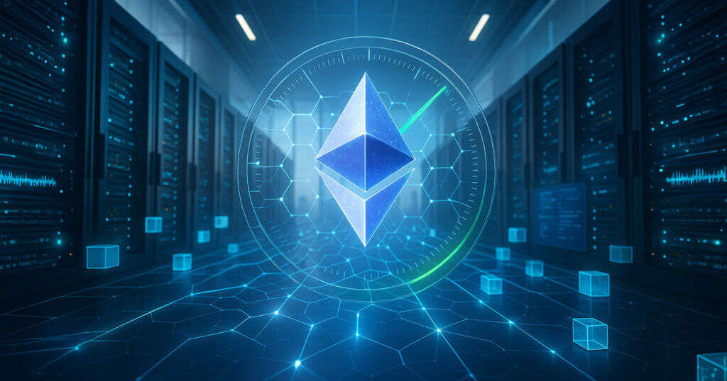 Ethereum crystal hovers in a sunlit data center as a circular gauge ticks higher and glowing transaction cubes surge along widened lattice pathways.