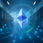 Ethereum crystal hovers in a sunlit data center as a circular gauge ticks higher and glowing transaction cubes surge along widened lattice pathways.