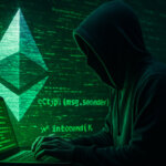 An anonymous hacker types malicious code as the Ethereum logo flickers on a digital projection wall - Cover art/illustration via CryptoSlate.