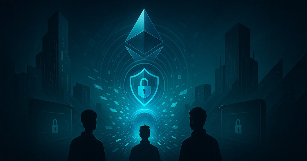A neon-cyan and deep indigo 16:9 scene shows silhouetted developers facing a glowing Ethereum logo wrapped in a shield, as encrypted data shards stream through a tunnel between two wallets in a futuristic city of validator towers.