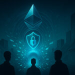 A neon-cyan and deep indigo 16:9 scene shows silhouetted developers facing a glowing Ethereum logo wrapped in a shield, as encrypted data shards stream through a tunnel between two wallets in a futuristic city of validator towers.