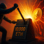 An unknown figure pulls a lever labeled “10,000 ETH,” symbolizing the Ethereum Foundation’s planned sale and its market impact - Cover art/illustration via CryptoSlate.