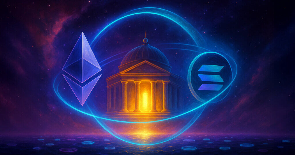 Ethereum and Solana logos orbiting a glowing institutional globe linked by shield arcs in space - Cover art/illustration via CryptoSlate.