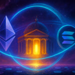 Ethereum and Solana logos orbiting a glowing institutional globe linked by shield arcs in space - Cover art/illustration via CryptoSlate.