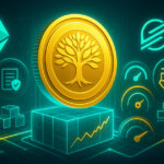 A golden tree coin representing WisdomTree connects to Ethereum and Stellar icons over a glowing ledger with gauges, documents, and charts hinting at a tokenized private credit fund launch