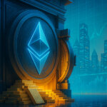 A futuristic vault carved with a glowing Ethereum logo stands open, revealing golden T-bills against a data-lit financial skyline - Cover art/illustration via CryptoSlate.