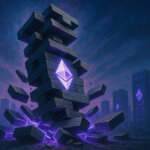 Ethereum validator node tower collapses like a Jenga stack after a mass slashing event - Cover art/illustration via CryptoSlate.