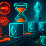 A neon-teal conveyor of Ethereum validator cubes stretches under red exit arrows, hourglasses, and clocks toward a glowing beacon, symbolizing a congested withdrawal queue and longer wait times.