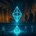 A cross-section of Wall Street reveals a glowing Ethereum engine beneath the street powering neon settlement rails as oblivious traders pass above, symbolizing undervalued transformative infrastructure