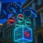EU flags wave above a holographic cube projecting tokenized stock tickers outside a Brussels-style institutional building - Cover art/illustration via CryptoSlate.
