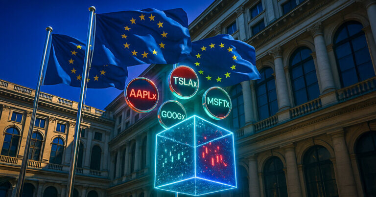 EU flags wave above a holographic cube projecting tokenized stock tickers outside a Brussels-style institutional building - Cover art/illustration via CryptoSlate.