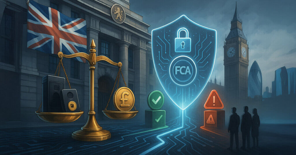 A glowing FCA shield stands between checkmarks and risk warnings beside a balance of pound coins and crypto devices against a London backdrop, symbolizing new guidance for UK holders