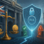 A glowing FCA shield stands between checkmarks and risk warnings beside a balance of pound coins and crypto devices against a London backdrop, symbolizing new guidance for UK holders