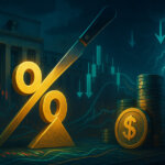 A storm-lit Federal Reserve building looms behind a golden percentage symbol being sliced as glowing chips and falling chart arrows imply a surprise half-point rate cut.