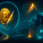Bitcoin’s golden coin splits under a halving blade as a countdown ring and a glowing Federal Reserve building hint at a rate cut converging toward a looming price peak.